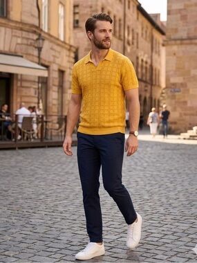 Abercrombie & Fitch Men's Johnny Collar Textured Knit Sweater Polo DK Yellow XL